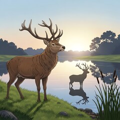 Naklejka premium Majestic Stag Standing Proudly by a Serene Lake at Sunrise.