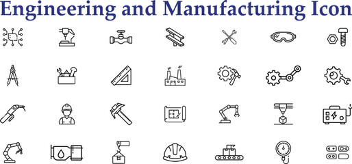 Collection of 28 engineering and manufacturing icon for industry and technological concepts isolated on transparent background