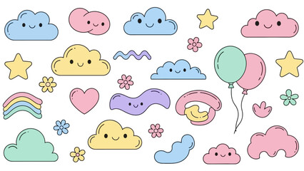 Cute Pastel Funky Outlines Vector Art – Soft Rounded Wavy Shapes, Friendly Cartoon Doodle Elements, and Modern Kawaii Style Design Set