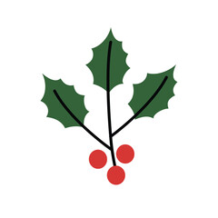Simple Holly Sprig With Red Berries. Winter Evergreen Holly Berries. Decorative Holly Sprig Element