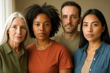 Diverse group of four adults standing together looking seriously at camera in a neutral indoor setting