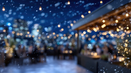 Rooftop dining scene at night with falling snow and warm string lights creating cozy festive atmosphere