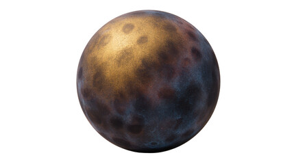 Fototapeta premium Golden textured planet with cratered surface glowing highlights and cosmic atmosphere isolated on transparent background evokes mystery and wonder suitable for space fantasy or sci fi themes