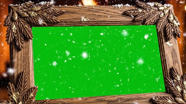 Christmas event video frame with green screen background, adorned with festive pine branches and snowflakes in a rustic wooden border.