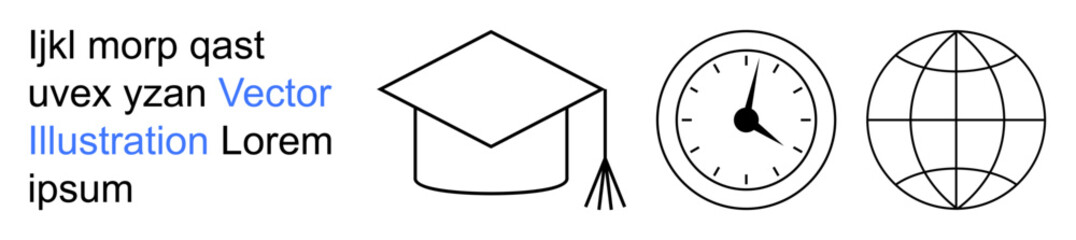 Education, time management, global learning, academic success, schedules, worldwide studies. Graduation cap, clock globe in clean line style. Education and time management visualization