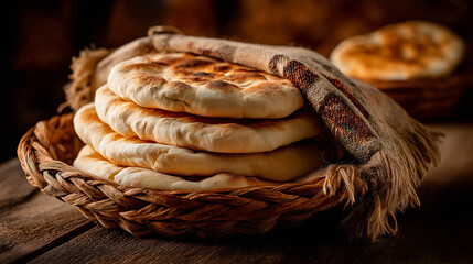 Freshly baked Arabic khubz bread stacked warm with soft texture