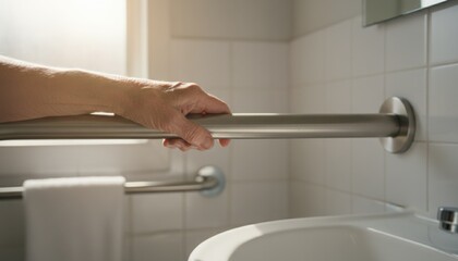 Hand gripping a shiny metal grab bar securely mounted on a tiled wall above a white sink in a bright bathroom
