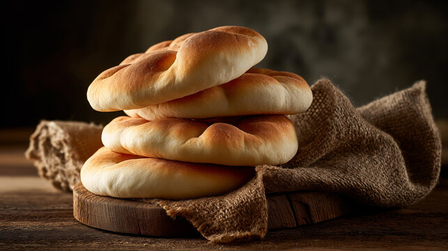 Freshly baked Arabic khubz bread stacked warm with soft texture