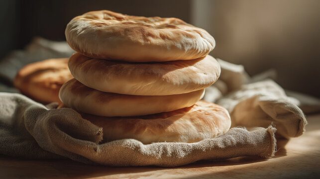 Freshly baked Arabic khubz bread stacked warm with soft texture