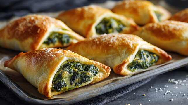 Freshly baked Arabic spinach fatayer pastries filled with seasoned greens, golden crust, arranged on a tray