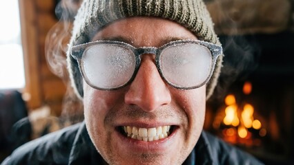 Close-up portrait of a smiling man with a winter beanie and glasses completely frosted and fogged up from extreme cold, breath visible around his head, representing temperature change.