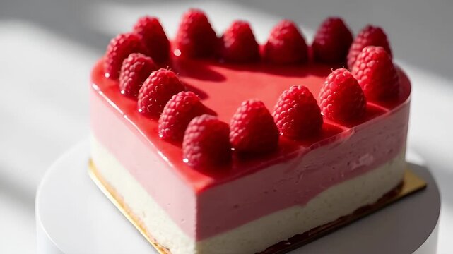 Heart shaped raspberry mousse cake for Valentine. Dessert with red berries for romantic celebration.