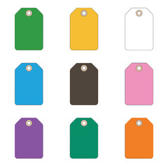 Bright empty label and price tag icon set with assorted colors retail sale packaging flat vector illustration