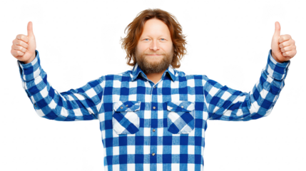 Cheerful man with long hair and beard wearing blue plaid shirt giving two thumbs up, isolated on transparency background, expressing positivity and approval
