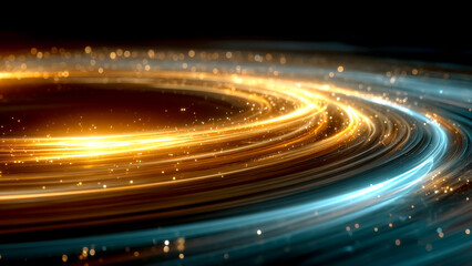 Golden and Blue Light Trails Forming a Dynamic Abstract Curve. High Speed, Technology Background, Data Flow.