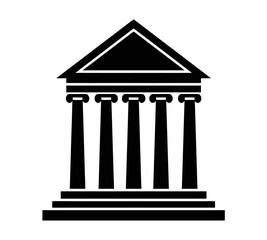 A minimalist black and white illustration depicts a classical building facade with columns and a triangular pediment