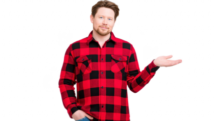 Man wearing red plaid shirt with casual pose, smiling and gesturing with open hand, isolated on transparency background, friendly and approachable expression, casual fashion style