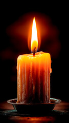 Dripping Wax on Single Candle Flame in a Dark Setting. Mourning Light, Emotional Moment, Spiritual Reflection.