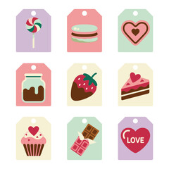 Sweet dessert gift tag icon set with cupcake cake chocolate strawberry love valentine flat vector illustration