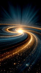 Bright Golden Spiral Galaxy with Blue Light Rays Abstract. Outer Space, Celestial Body, Science and Discovery.