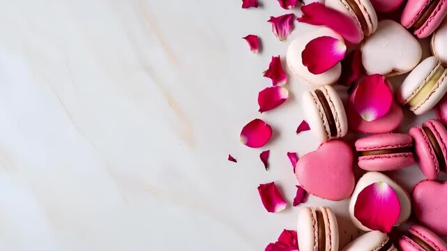 Beautiful macaroon cookies with rose petals fall on a marble table for Valentines day. Romantic dessert concept for celebration.