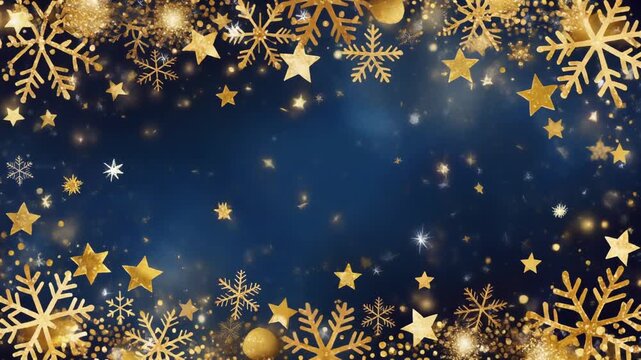 Marco navide&ntilde;o con un elegante marco de copos de nieve y estrellas doradas que rodean la imagen. El fondo presenta una  degradadO en tonos azul profundo y dorado c&aacute;lido.