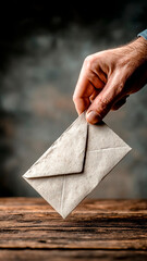 Man's Hand Holding a Small Rustic Paper Envelope Above Wood. Confidential Mail, Private Message, Business Secret.