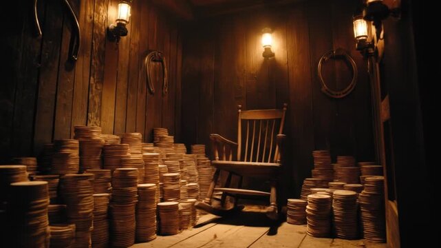 Wooden room filled with stacked circular objects. A rocking chair sits in the middle. Warm, moody lighting