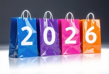 Colorful shopping bags displaying 2026 on gradient background