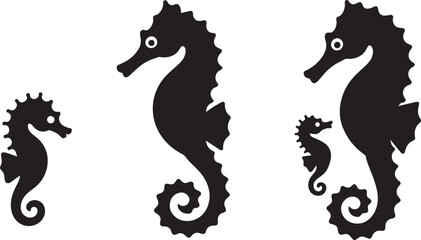 Three different seahorse silhouettes in various sizes on a transparent background © Pappu0099