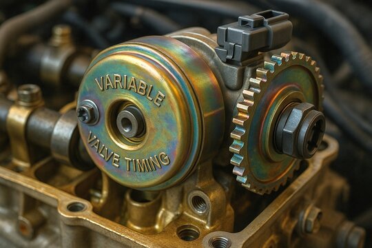 Close-up of automotive engine component featuring variable valve timing mechanism with iridescent metallic gears and bolts