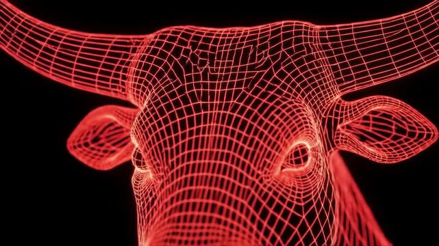 Red bull head wireframe glowing on a black backdrop for digital illustration, gaming, or sci-fi