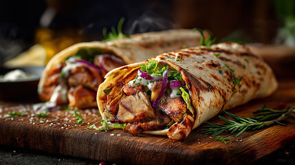 Juicy Middle Eastern chicken shawarma wrap with grilled spiced meat, garlic sauce, vegetables, wrapped in flatbread