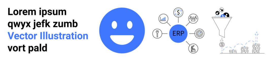 Business processes, efficiency, data integration, software solutions, workflow optimization, digital transformation. Smiling face, ERP connections and data funnel. Business processes and data