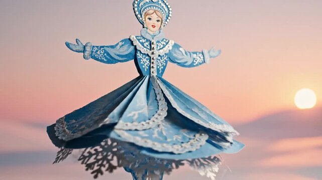 Spinning paper doll of a Snegurochka in a blue dress. Handmade winter decoration with snowflakes dancing at sunset. Russian folklore and holiday theme