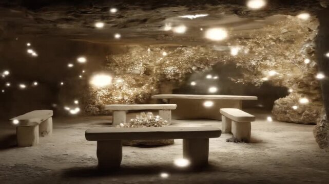 Serene cave interior with stone benches and glowing orbs suspended from the textured ceiling