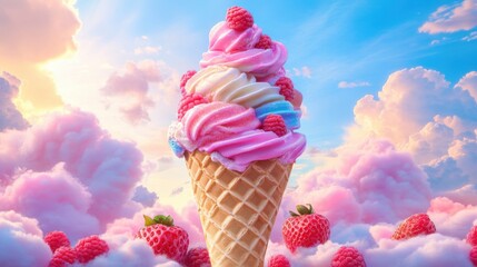 A whimsical ice cream cone with pastel swirls and fresh raspberries against a dreamy backdrop of pink clouds and a bright blue sky