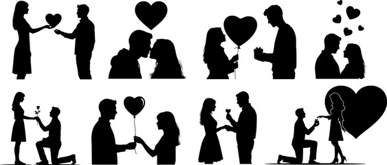 Romantic Couple Silhouettes with Love Gestures and Proposal