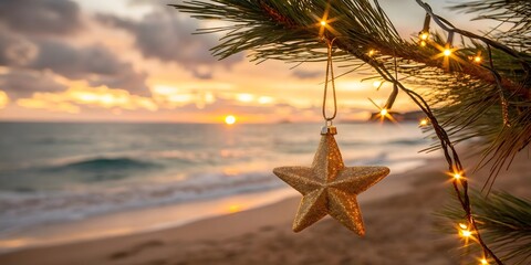 Christmas star ornament hanging on a pine tree branch with string lights against a beautiful sunset beach background