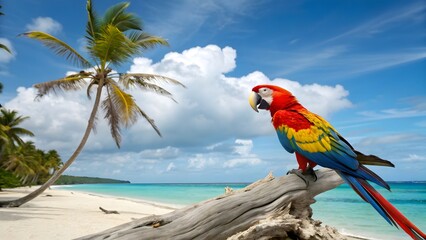 Colorful scarlet macaw perched on driftwood overlooking a beautiful tropical beach paradise