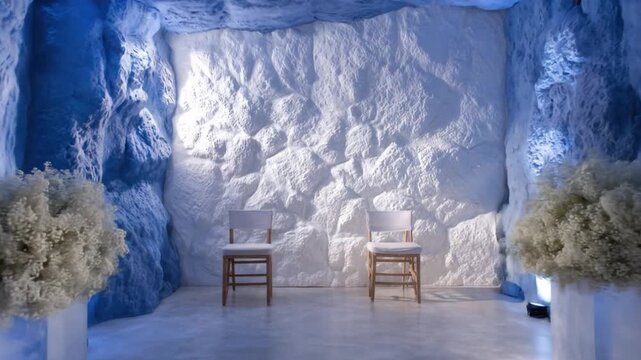 A serene interior scene features two chairs, floral arrangements, and textured walls illuminated in cool tones