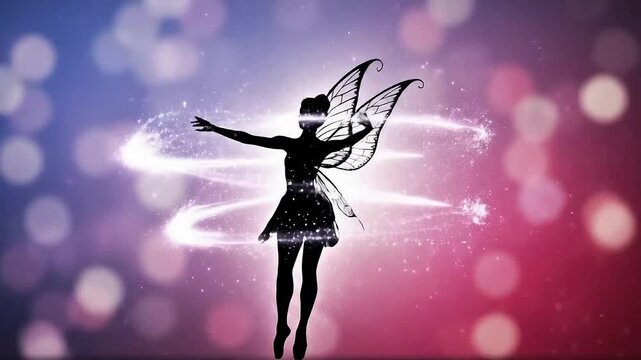 Silhouette of a graceful fairy with detailed wings performing a magical dance surrounded by sparkling light trails against a vibrant bokeh background