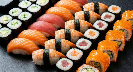 Large platter of fresh assorted sushi, including maki rolls and nigiri.