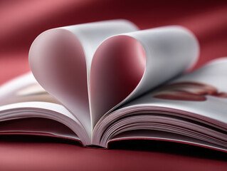 Romantic Heart-Shaped Page Fold in Open Magazine Symbolizing Love and Reading