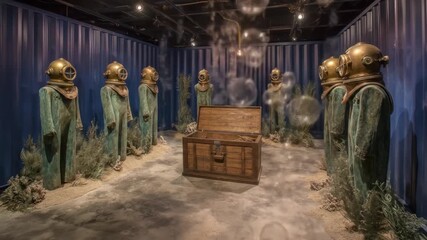 A staged room with diver figures, an open chest, and artificial mist, hinting at an underwater scene