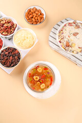 Instant Cereal with Nuts, Dried Fruits and Milk Ingredients Flat Lay