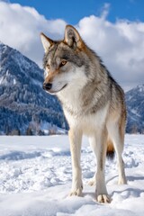 Obraz premium Gray wolf standing majestically on snowy terrain, showcasing its striking features against a backdrop of winter mountains and a clear blue sky, embodying the essence of wilderness