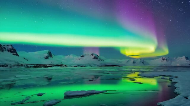Vibrant aurora borealis over icy fjord and snowcovered mountains at night