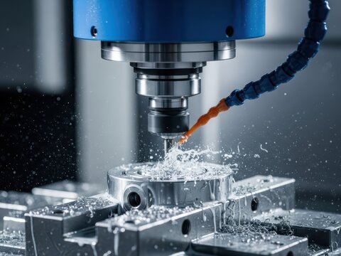 Precision machining process in action showcasing a CNC milling machine creating intricate metal parts with coolant spray