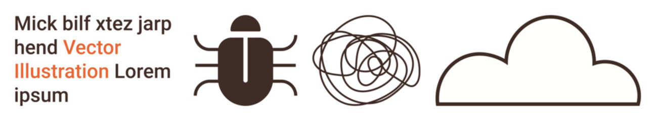 Graphic design, branding, educational materials, creativity, minimalism, abstract ideas. A bug, a scribble and a cloud in black with text elements. Graphic design and creativity concept